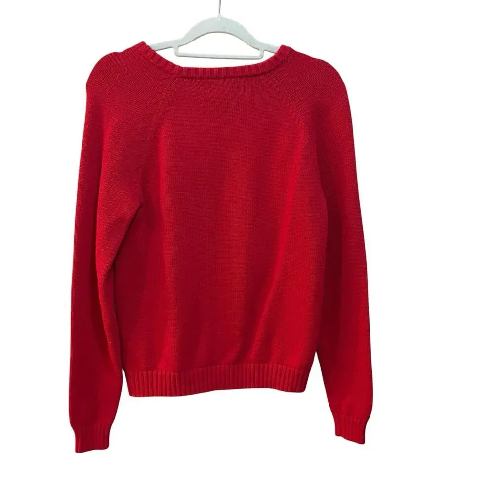 Lands' End Sweater Womens Medium Red Cable Knit Crew Neck Cotton Pullover Raglan